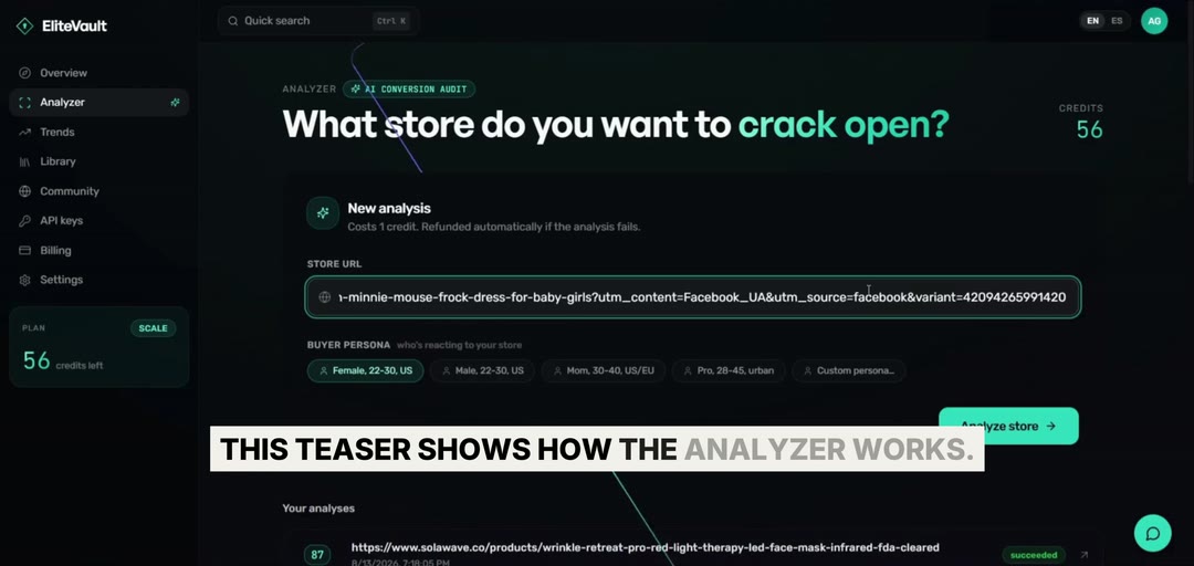 EliteVault analyzer demo: paste a URL and get a score, an annotated screenshot, and ranked fixes